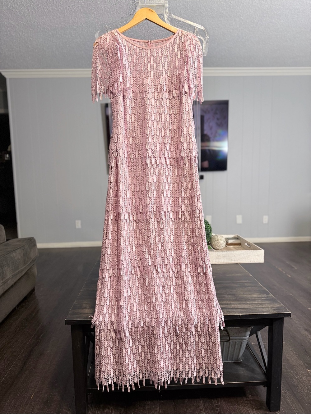 Vintage Pink Tiered Fringe Lace Maxi Dress Women’s Size 8